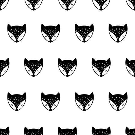 Fox. Black and white seamless pattern. Hand drawn. Cute foxes. Vectorのイラスト素材