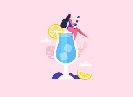 Summer girl sitting in the cocktail. Summer party fun. Vectorのイラスト素材