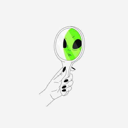 Woman hand holding mirror. Alien. Reflection. Vector