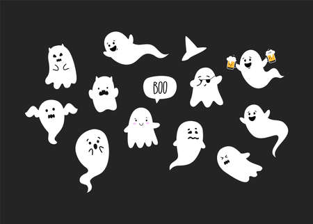 Cute and funny Ghosts. Halloween party. Ghosts doodle. Vectorのイラスト素材
