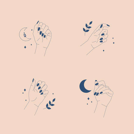Line art  templates. Beautiful female hands. Abstract minimal icons. Vectorのイラスト素材