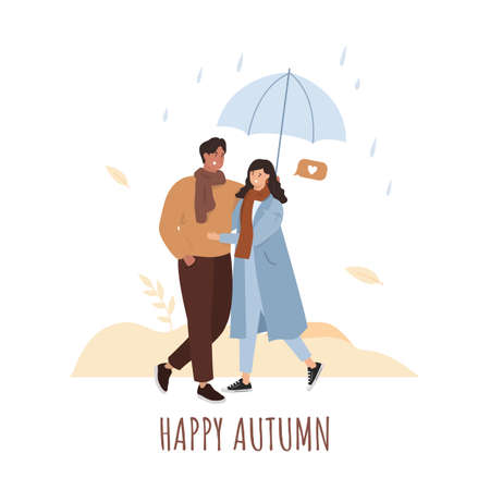 Happy autumn. Couple walking with umbrella. Rain.のイラスト素材