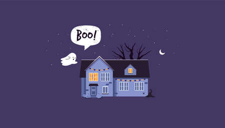 Halloween house with a ghost. Boo. night scene. Flat style.のイラスト素材