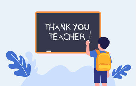 Thank you teacher. Teachers day. Elementary student writing on chalkboard. Schoolboy. Vectorのイラスト素材