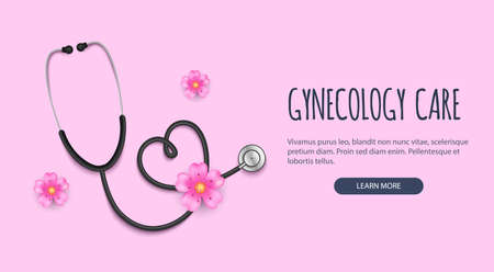 Gynecology concept. Pink background with stethoscope and flowers. Vectorのイラスト素材