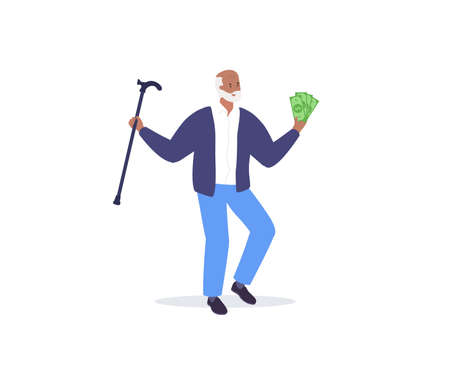 Happy old man holding money and dancing. Hand drawn doodle illustration. Vectorのイラスト素材