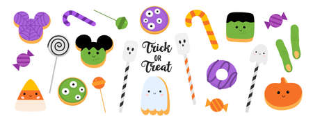 Cute halloween sweets and candies. Flat simple icons. Halloween decorations. Vectorのイラスト素材