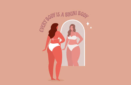 Every body is a bikini body. Self love. Woman looking at the mirror. Vectorのイラスト素材