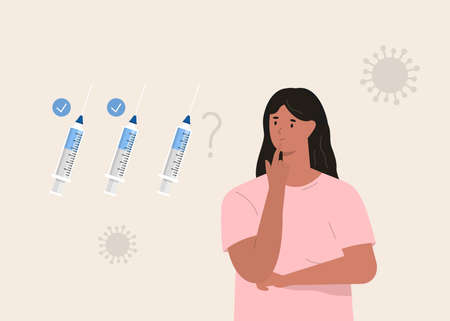 vaccination. Woman thinking about booster dose. Vectorのイラスト素材