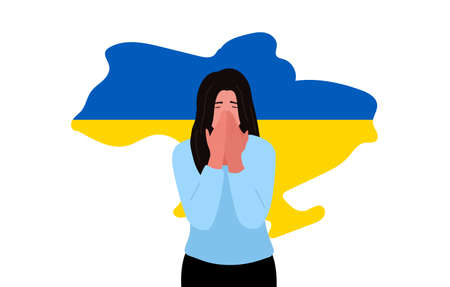 Ukraine map silhouette. Woman crying. War in Ukraine. Vectorのイラスト素材