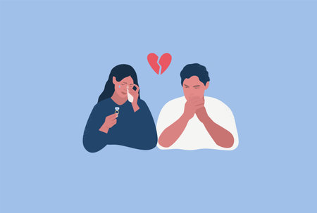 Couple broke up. Wife holding wedding ring and crying. Unhappy husband. Vector illustrationのイラスト素材