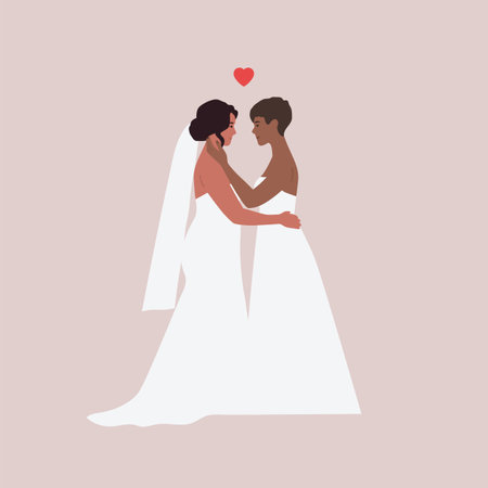 Two brides. Lesbian wedding. Gay marriage. Homosexual women hug each other. Vector illustrationのイラスト素材