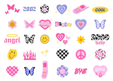 Y2k style icons. Glamorous trendy doodles set. 90s and 2000s style. Vector illustrationのイラスト素材