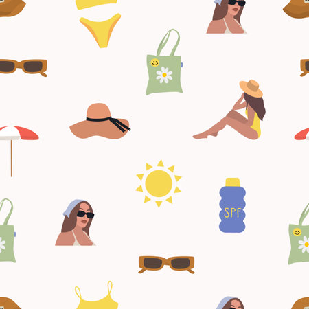 Summer fun. Seamless texture pattern. Sunscreen, beach umbrella, hat, women sun Vector illustrationのイラスト素材
