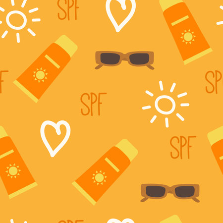SPF. Sunscreen seamless pattern. Sun skin protection. Vector illustrationのイラスト素材