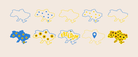 Ukraine map outline. Lineart prints. Yellow and blue map with sunflowers. Vectorのイラスト素材