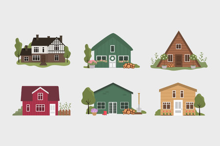 Cute houses. Summer spring garden. Cottage town home. Vectorのイラスト素材