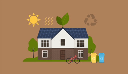 House with solar panels on the roof. Flat style minimal illumination. Eco friendy home. Vectorのイラスト素材