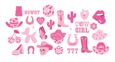 Cowboy and cowgirl pink icons set. Cowboy hat, disco ball, boots, lucky, cactus.のイラスト素材