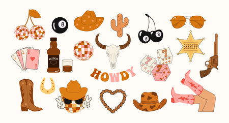 Cowboy. Groovy cowboy icons set.のイラスト素材