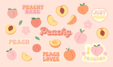 Peaches set. Cute peach fruit. Simple flat doodleのイラスト素材