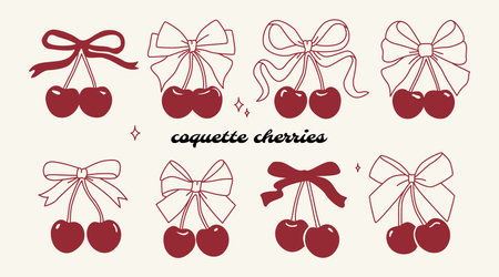 Coquette cherries with gift bow. Cherries with ribbon. Cute trendy line art setのイラスト素材