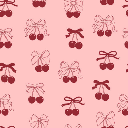 Coquette ribbon bowwith cherries. Cute trendy line art doodles.のイラスト素材