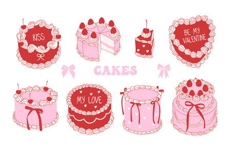 Cute coquette aesthetic cakes setのイラスト素材