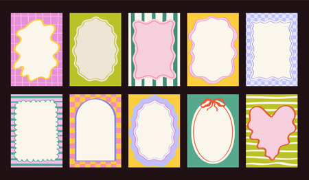 Wavy border frame doodles. Oval, rectangle wavy bright coquette frames. Party invitation templateのイラスト素材