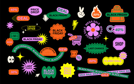 Black friday sale tags badges label. Green orange bright trendy sale promotion stickers y2k style.のイラスト素材