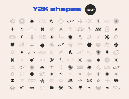 Y2k groovy retro shapes big bundle. Brutalism postmodern geometric elements. Bauhaus memphis stars. Vector illustrationのイラスト素材