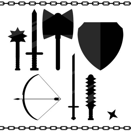 arms, history, sword, mace, shield, bow, arrow, ax, play, vector, art, illustration, flat, design, drawing, object, asterisk, war, chain, old, ancient, hot, icon, background, black, detail, item, weapon, arsenal, aggression, crime, industry, social Issuesのイラスト素材
