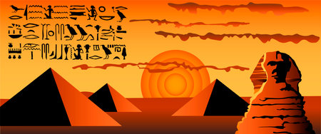 Egyptian Hieroglyphics Background Images. Sunset in Egypt with pyramids in the backgroundのイラスト素材
