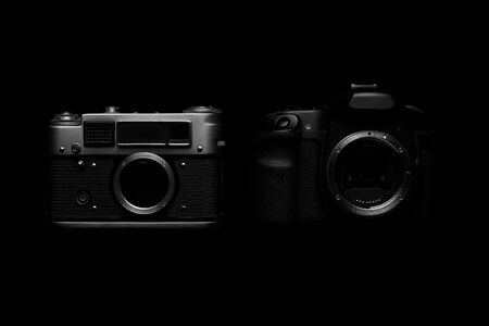 Digital vs. Analog SLR Camera with Slides, Memory Cards, 35 mm Filmの写真素材