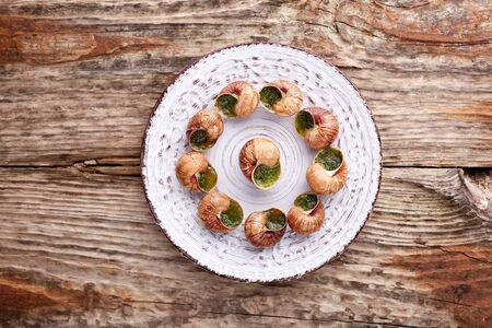 Escargots de Bourgogne - Snails with herbs butter on wooden background. Salad. Parsley.の写真素材