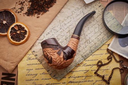 Poltava, Ukraine - November 18, 2019: Tobacco pipe on old wooden background. Vintage letters, watches, coins and tobacco.のeditorial素材