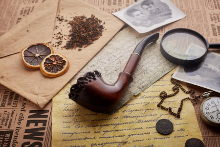 Poltava, Ukraine - November 18, 2019: Tobacco pipe on old wooden background. Vintage letters, watches, coins and tobacco.のeditorial素材