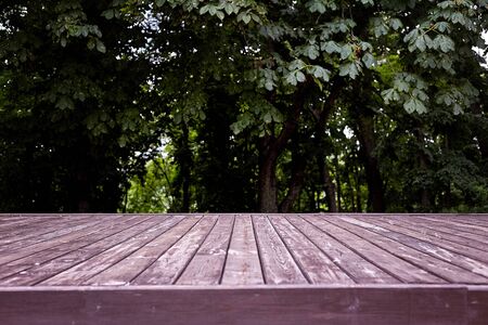 Mockup. Empty wooden deck table with foliage bokeh background.の写真素材