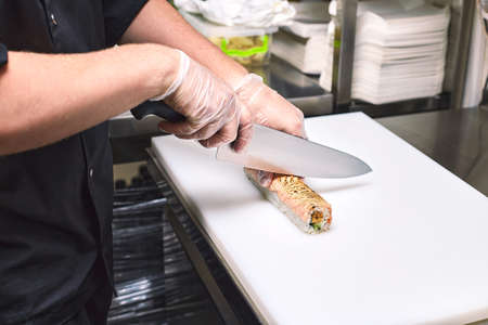 Process of making sushi on white backgroundの写真素材