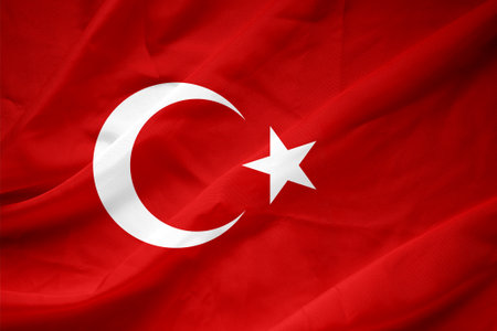 Close up shot of wavy, shiny Turkish flagの写真素材
