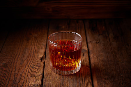 Whiskey in glasses on wooden tableの写真素材