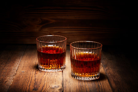 Whiskey in glasses on wooden tableの写真素材
