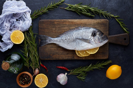 Raw fresh organic dorado or sea bream on stone or concrete background.Top view .の写真素材
