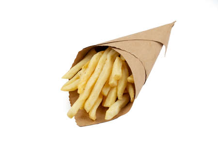 french fries in a paper wrapper on white backgroundの写真素材