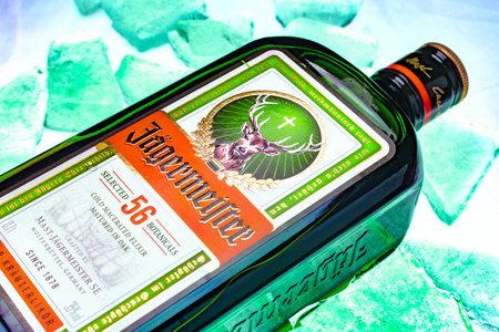 Ukraine, Poltava - July 11, 2022: Bottle of Jagermeister, German digestif made with 56 herbs and spices. bottle in iceのeditorial素材