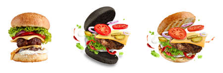 Set of flying levitate burgers with flying ingredients isolated on white background.の写真素材