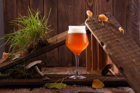 A glass of beer on a wooden table.の写真素材