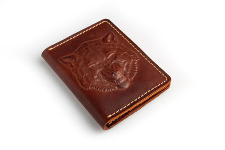 Brown leather wallet with blank cards, isolated on white backgroundの写真素材