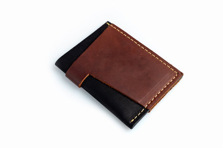 Brown leather wallet with blank cards, isolated on white backgroundの写真素材