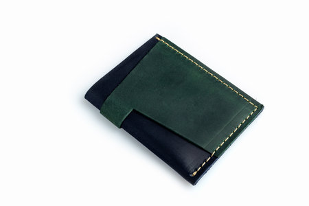 Green leather wallet with blank cards, isolated on white backgroundの写真素材